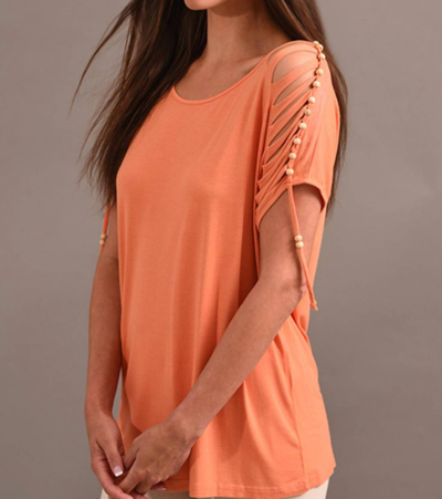 Angel Stone Wash Cut Out Beaded Top In Orange