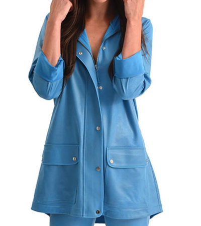 Angel Microfiber Leather Long Hooded Jacket In Turquoise In Blue
