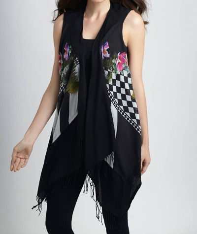 Angel Checkerboard Floral Long Vest In Black Multi