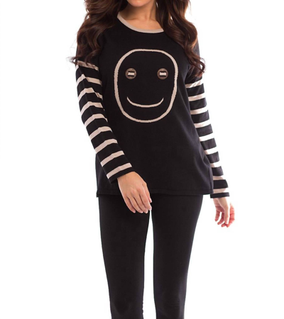 Angel Wood Button Smiley Face Pullover In Black/stone