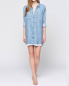 Maven West Long Sleeve Button Down Dress In Chambray In Blue
