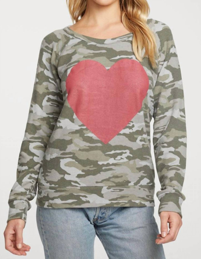 Chaser Rpet Long Sleeve Raglan Pullover In Camo Red Heart In Multi