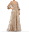 Mac Duggal Embellished Plunge Neck Puff Sleeve A Line Gown In Brown
