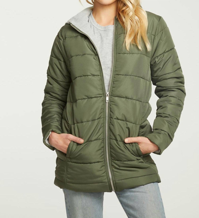 Chaser Quilted Hooded Long Puffer Zip Up Jacket In Safari In Green