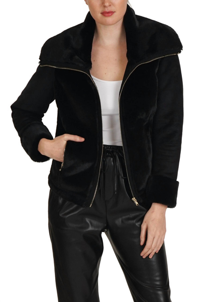 Love Token Eliza Faux Suede/fur Zippered Jacket In Black