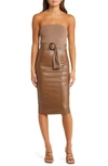 BEBE FAUX LEATHER BELTED STRAPLESS DRESS