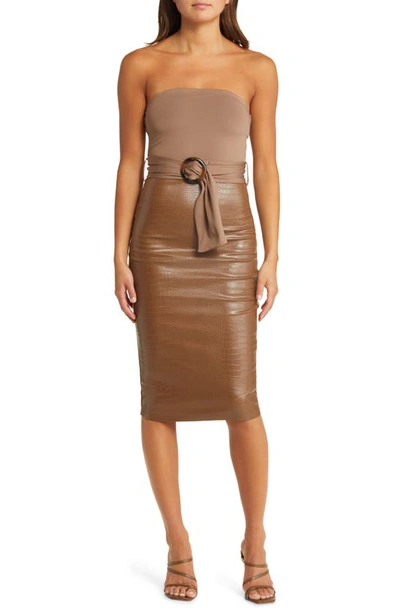 Bebe Faux Leather Belted Strapless Dress In Cocoa