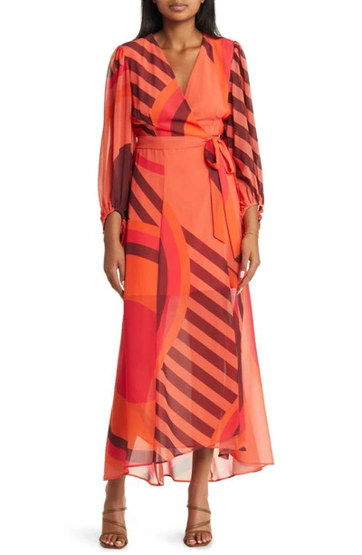 Hutch Lindie Geo Print Long Sleeve Wrap Dress In Orange