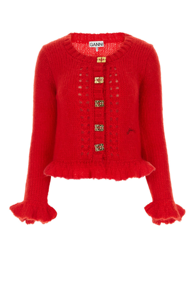 Ganni Long Sleeve Red Mohair Cardigan