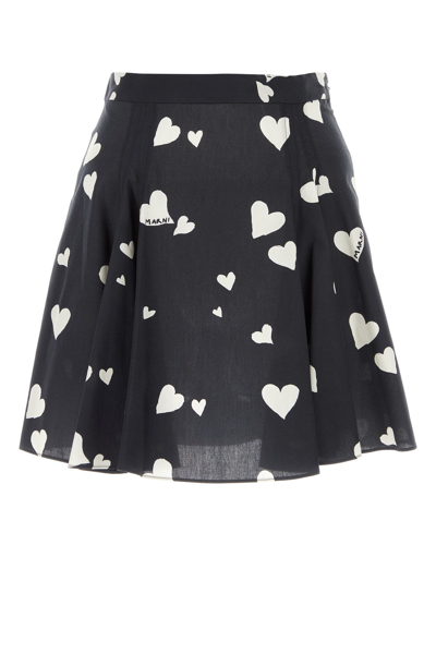 Marni Black Poplin Skirt With Bunch Of Hearts Print In Multi
