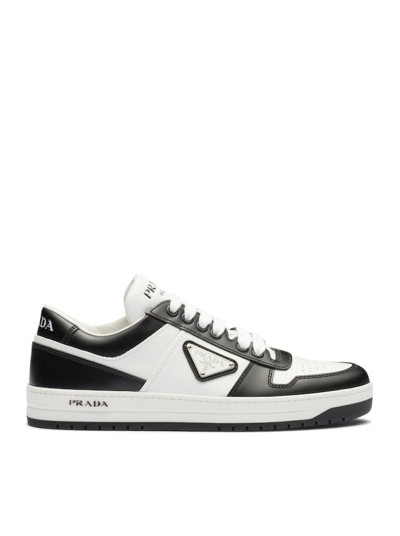 Prada Downtown Perforated Leather Sneakers In White/black