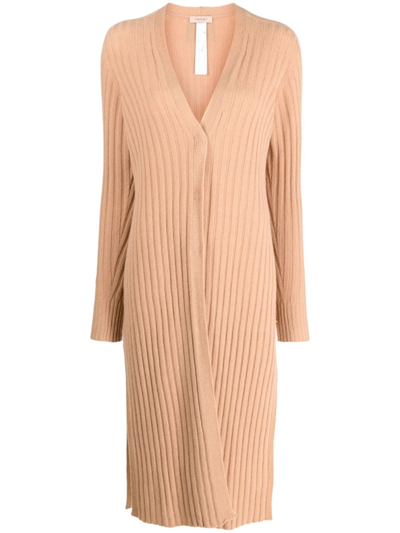 Twinset Longline Ribbed Cardigan In Brown