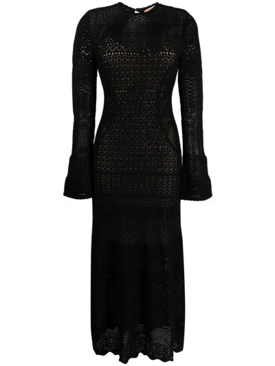 Twinset Pointelle-knit Long-sleeve Midi Dress In Black  