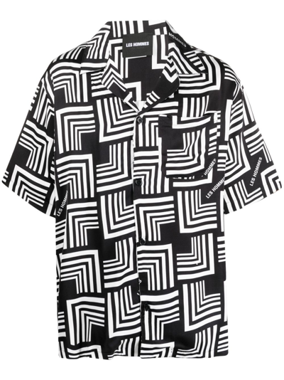 Les Hommes Geometric-pattern Logo-print Shirt In Black
