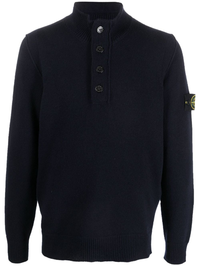 Stone Island Compass-patch Buttoned-up Jumper In Blue