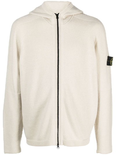 Stone Island Compass-patch Knitted Zipped Hoodie In Neutrals