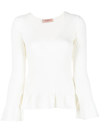 Twinset Ruffled-trim Ribbed-knit Top In Neutrals