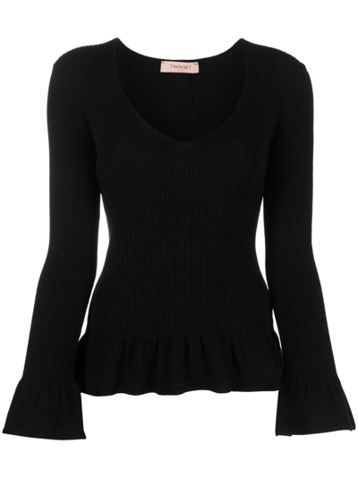 Twinset Ruffled-trim Ribbed-knit Top In Black