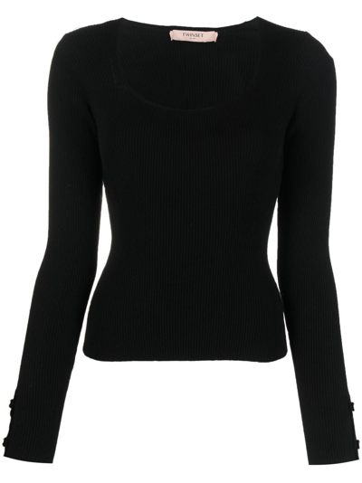 Twinset Scoop-neck Ribbed-knit Top In Black