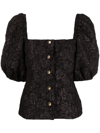Ganni Jacquard Flowers Puff-sleeve Blouse In Black