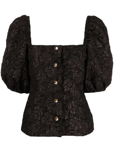 Ganni Floral-print Jacquard Fitted Blouse In Black