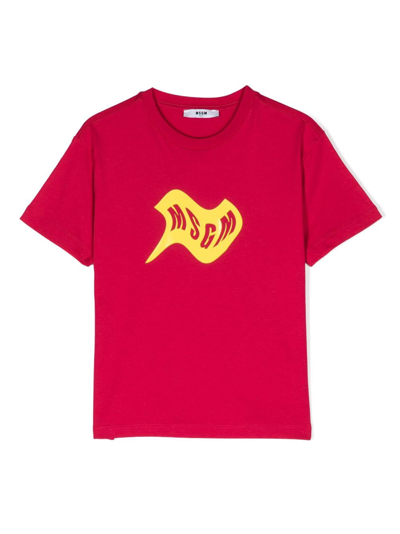 Msgm Kids' Logo-flocked Cotton T-shirt In Pink