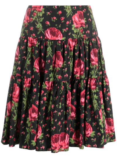 Pre-owned Valentino 1990 Floral-print Tiered Skirt In Black