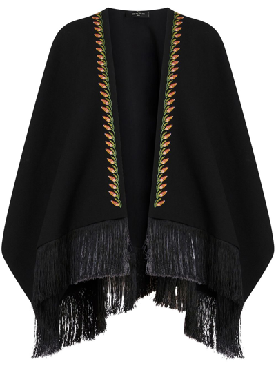 Etro Embroidered Fringe-detail Cape In Black  
