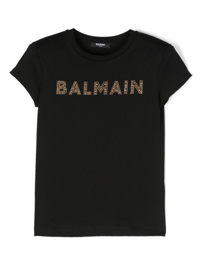 Balmain Kids' Crystal-embellished Logo-print T-shirt In Black
