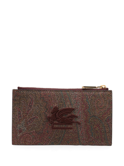 Etro Logo-embroidered Jacquard Leather Wallet In Red