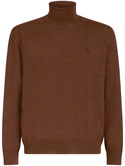 Etro Logo-embroidered Wool Rollneck Sweater In Brown