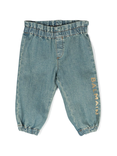 Balmain Babies' Logo-print Elasticated Tapered Jeans In Blue