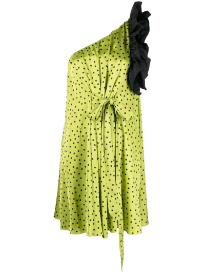Pinko Polka Dot-print One-shoulder Dress In Vert/noir