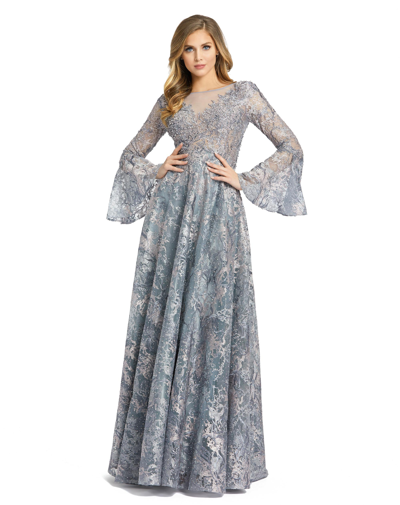 Mac Duggal Embellished Illusion Bell Sleeve A Line Gown In Grey Multi
