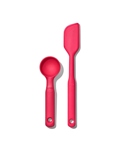 Oxo 2 Piece Good Grips Medium Silicone Cookie Scoop And Small Spatula Set In Pink