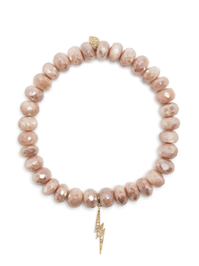 Sydney Evan Women's Medium Lightning Bolt 14k Yellow Gold, 0.04 Tcw Diamond & Moonstone Bead Stretch Bracelet In Pink