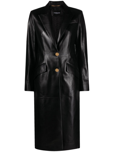 Versace Single Breasted Leather Long Coat In Black