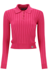 Dolce & Gabbana Long-sleeved Polo Shirt In Ribbed Knit In Fuchsia