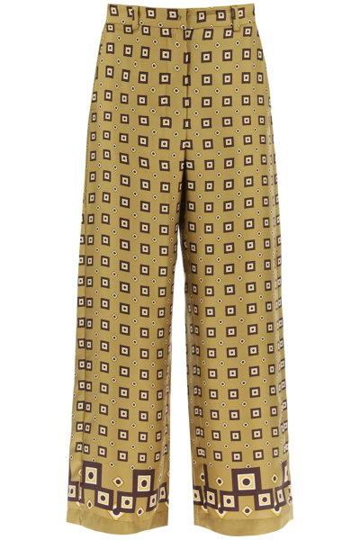 's Max Mara Flowing Trousers In Printed Silk In Beige,brown,yellow