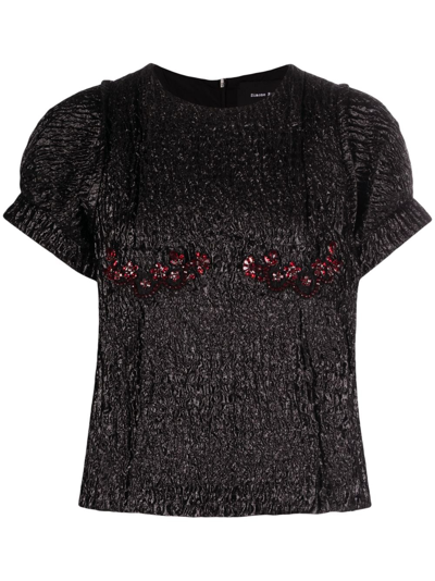 Simone Rocha Women's Crushed Cloque Puff-sleeve Fitted Top In Black