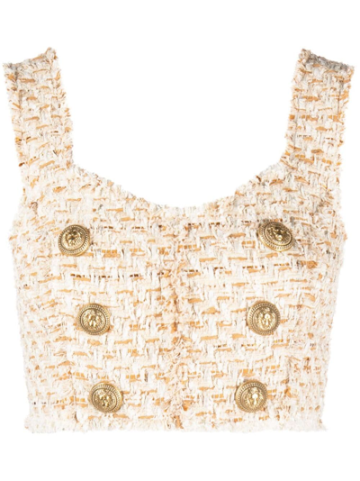 BALMAIN BUTTON-EMBELLISHED TWEED CROPPED TOP