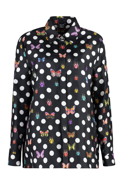 Versace Formal Button-front Silk Shirt With Polka Dot Print And Allover Butterflies In Black
