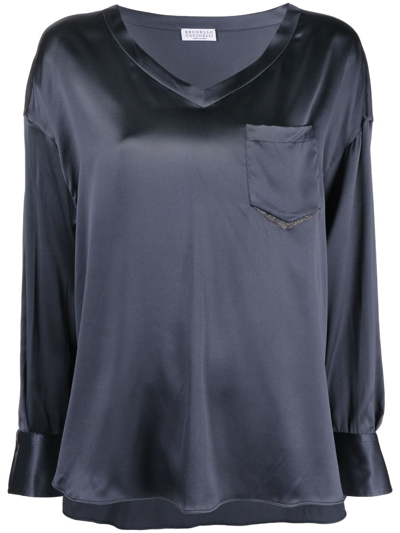 Brunello Cucinelli Silk V-neck Blouse In Blue