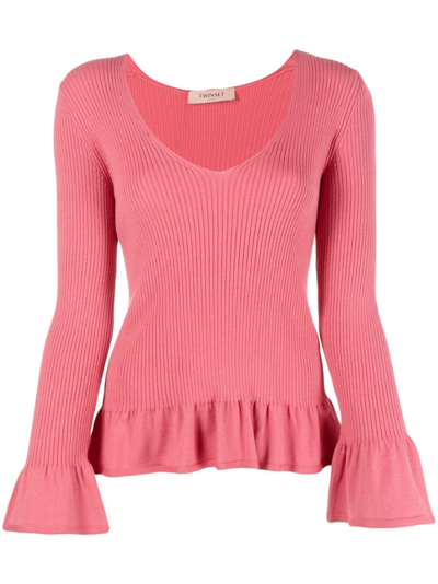 Twinset Ruffled-trim Ribbed-knit Top In Pink