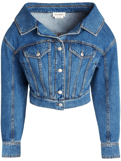Alexander Mcqueen Open Collar Denim Jacket In Blue