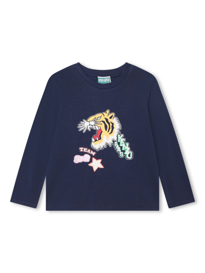 Kenzo Kids' Varsity Tiger-print Cotton T-shirt In Blue