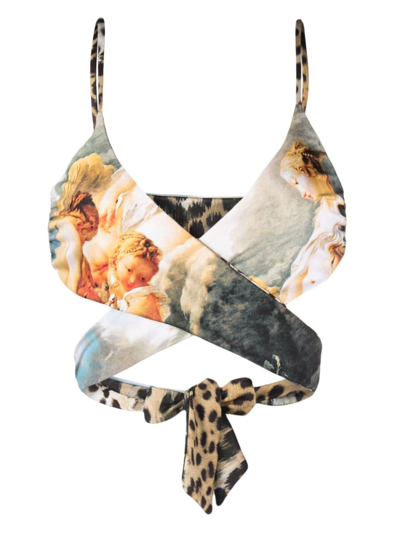 Roberto Cavalli Printed Jersey Bikini Wrap Top In Multicolore