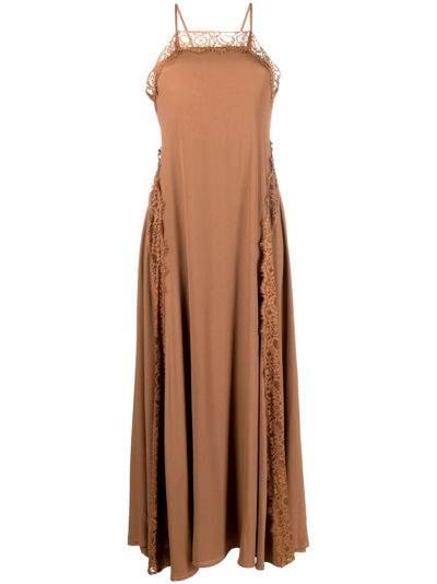 Erika Cavallini Lace-trim Sleeveless Long Dress In Brown