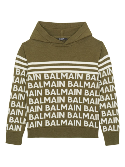 Balmain Kids' Gestrickter Hoodie Mit Logo In Green