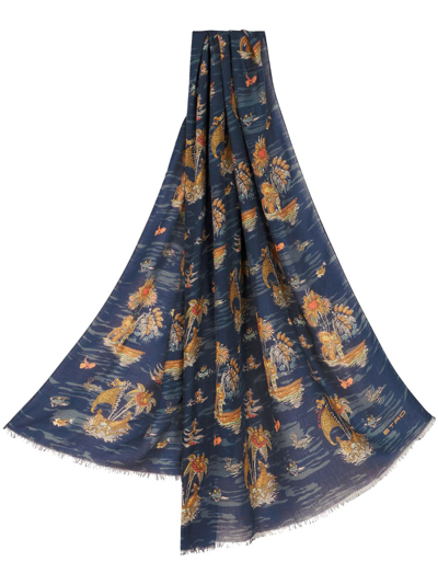 Etro Graphic-print Frayed-edge Scarf In Blau